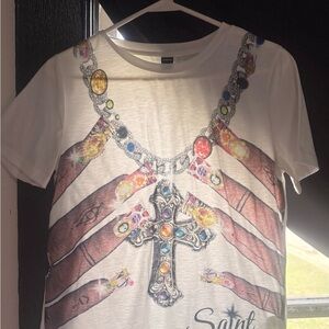 Saint Graphic Jewel Cross Tee - White with Multicolor Gems